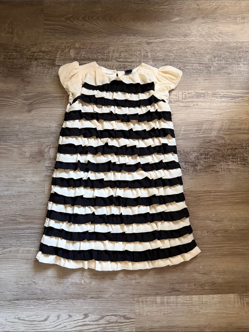 BabyGap Black and Cream Striped Ruffle Dress with Puff Sleeves